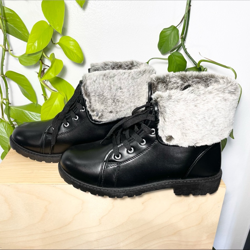 Olivia Miller black with grey combat moto ankle boots with fur